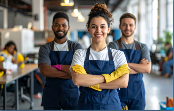 Ein Team aus drei Reinigungsfachkräften des Gebäudeservice Bremen - Glas- und Gebäudereinigung in Arbeitskleidung lächelt den Betrachter freundlich an.
