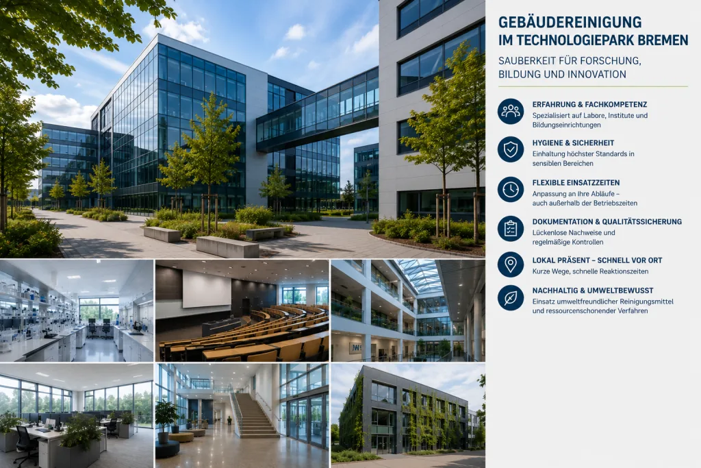 Gebäude und Innenräume eines Technologieparks – Labore, Hörsaal, Büros und Außenanlagen (KI-generiertes Symbolbild).
