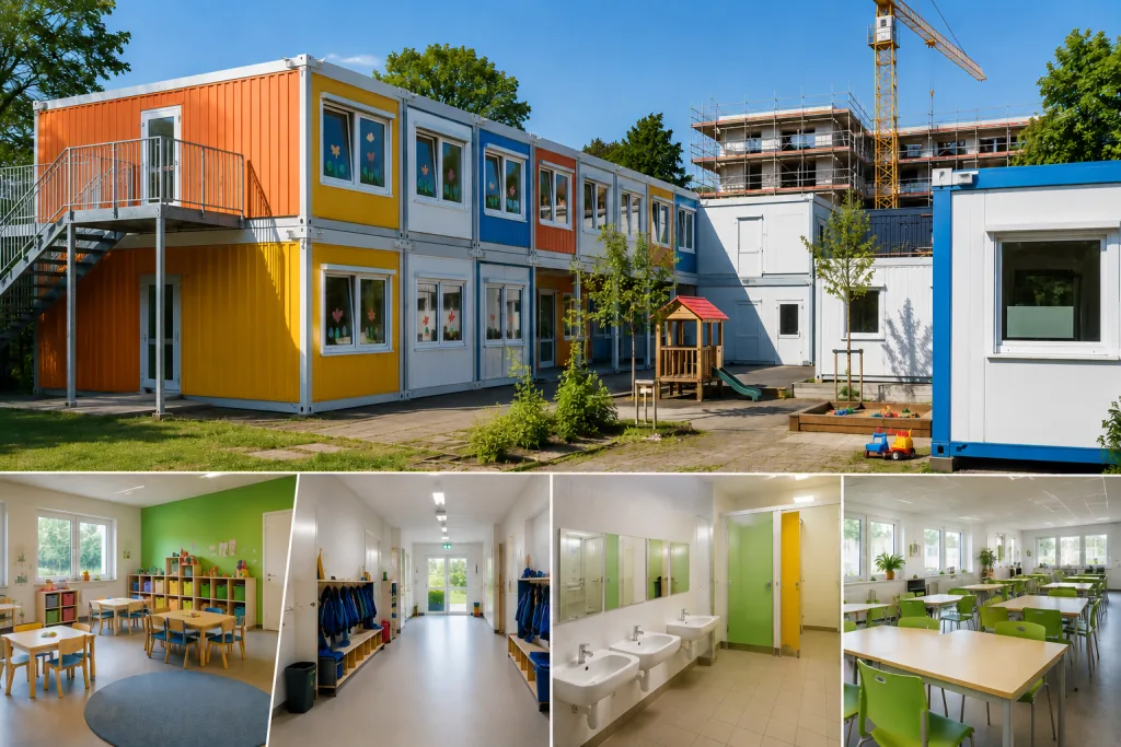 Containerreinigung Bremen Baustelle, Schule, Kita Farbige Containeranlagen für Baustellen, Kitas und Schulen vor einem Schulgebäude-Neubau (KI-generiertes Symbolbild).
