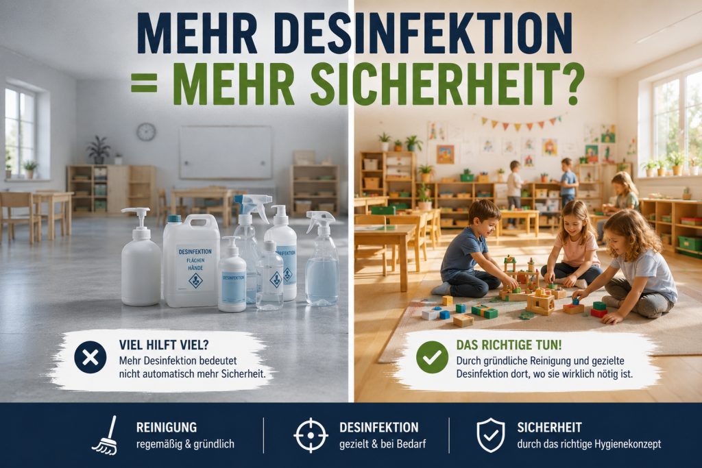 Mehr Desinfektion = mehr Sicherheit? Reinigung und Desinfektion in Kitas Vergleichsgrafik: links Desinfektionsmittelflaschen in einem leeren Raum, rechts spielende Kinder in einer sauberen Kita-Gruppe. Gründliche Reinigung ist die Basis, gezielt desinfiziert wird nur dort, wo es nötig ist.