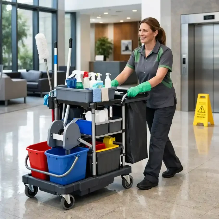 Reinigungskraft des Gebäudeservice Bremen mit Gerätewagen bei der Unterhaltsreinigung.