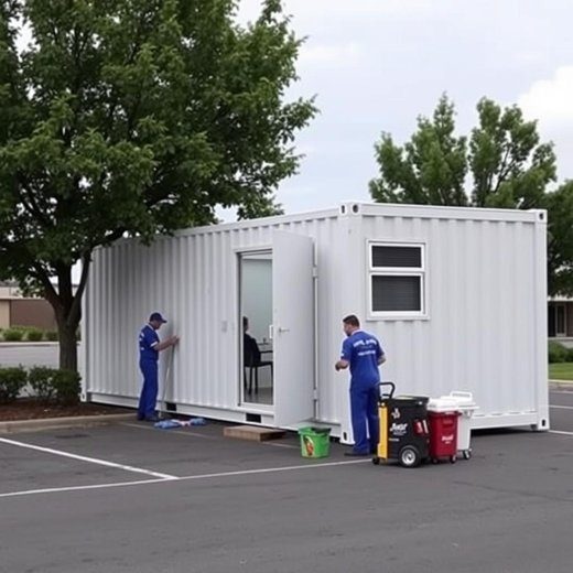 Reinigung eines Containers durch den Gebäudeservice Bremen auf einem Schulhof.