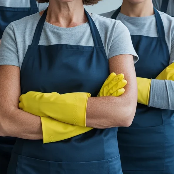Reinigungsteam des Gebäudeservice Bremen mit Chemikalienschutzhandschuhen für die Gebäudereinigung.