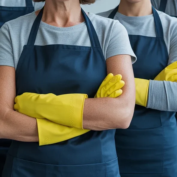 Reinigungsfachkraft des Gebäudeservice Bremen mit Schutzausrüstung bei der Gebäudereinigung.