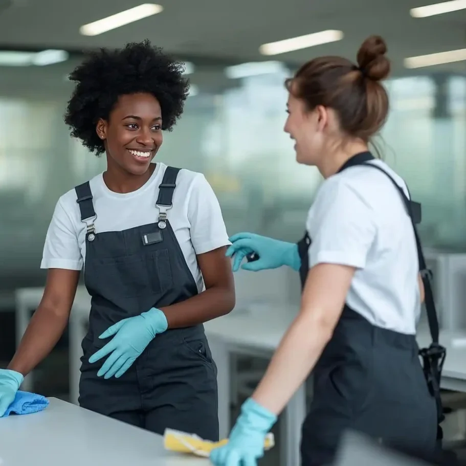 Reinigungspersonal des Gebäudeservice Bremen bei der Büroreinigung.